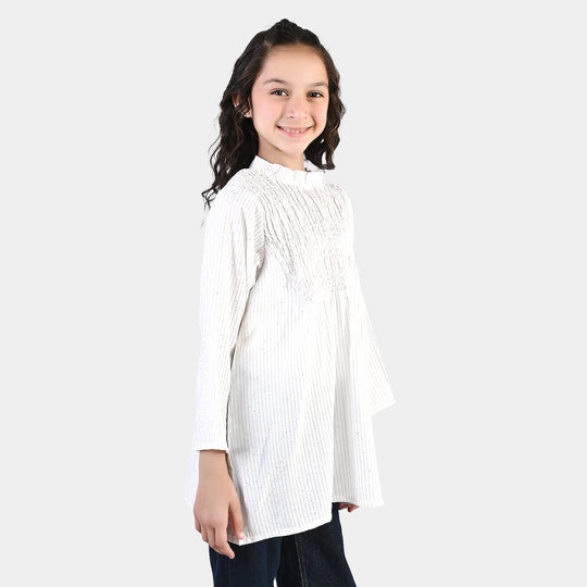 Girls Viscose Casual Top (Stripes) - White