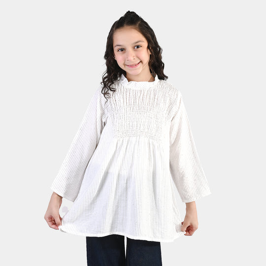 Girls Viscose Casual Top (Stripes) - White