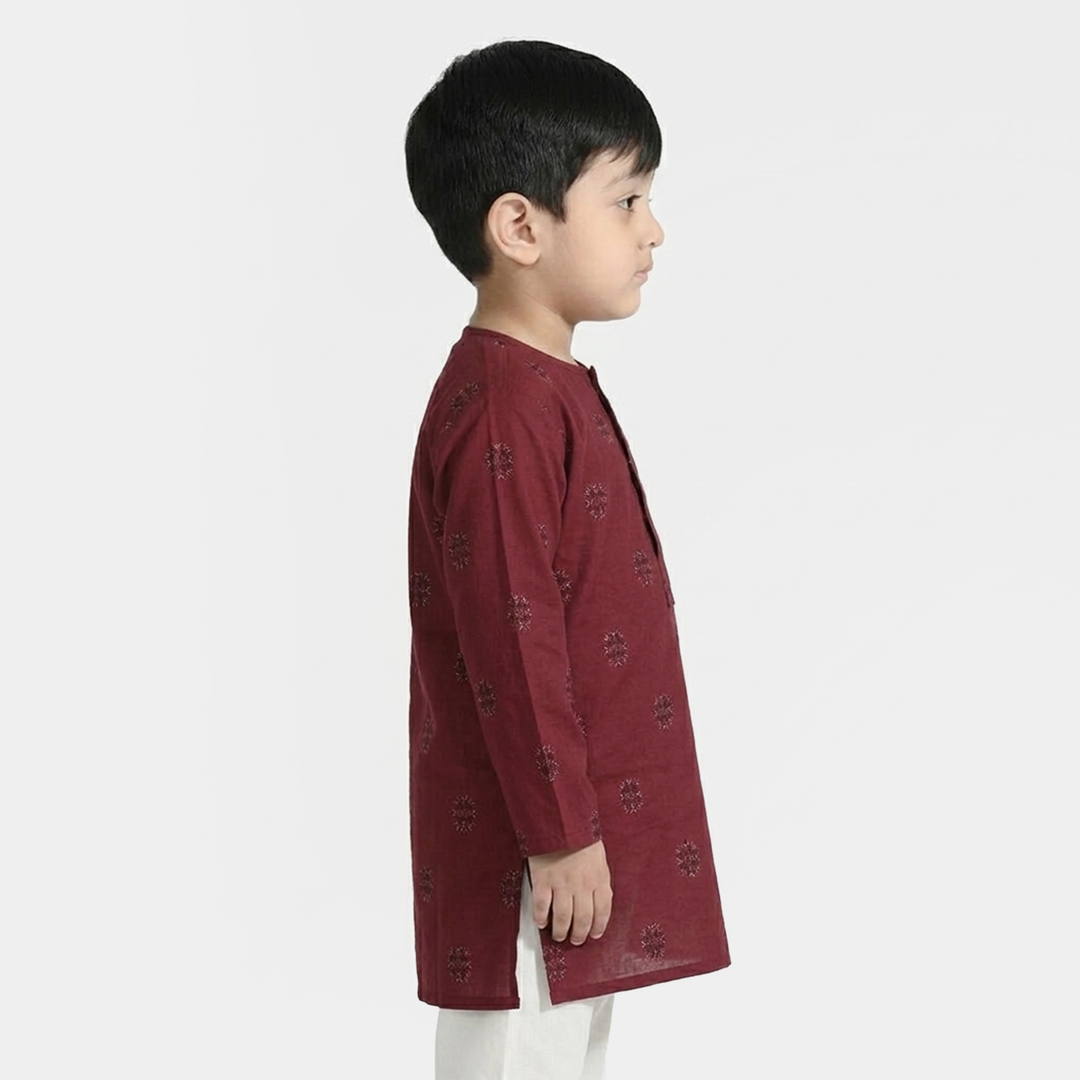 Infant Boys Cotton Jacquard Printed Kurta - Red