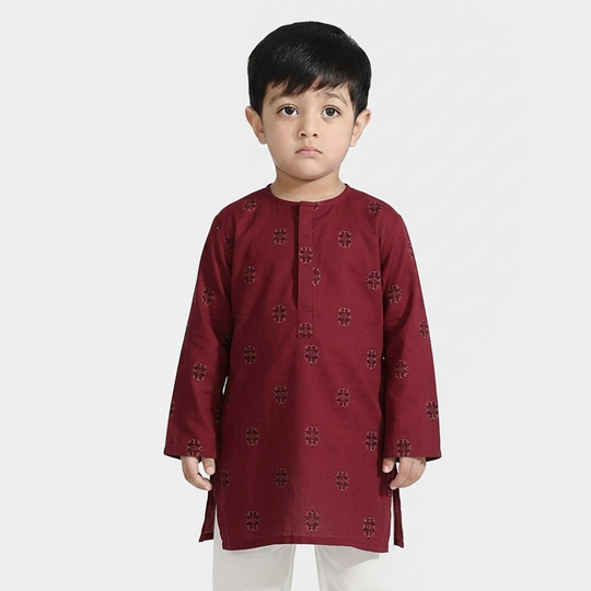 Infant Boys Cotton Jacquard Printed Kurta - Red