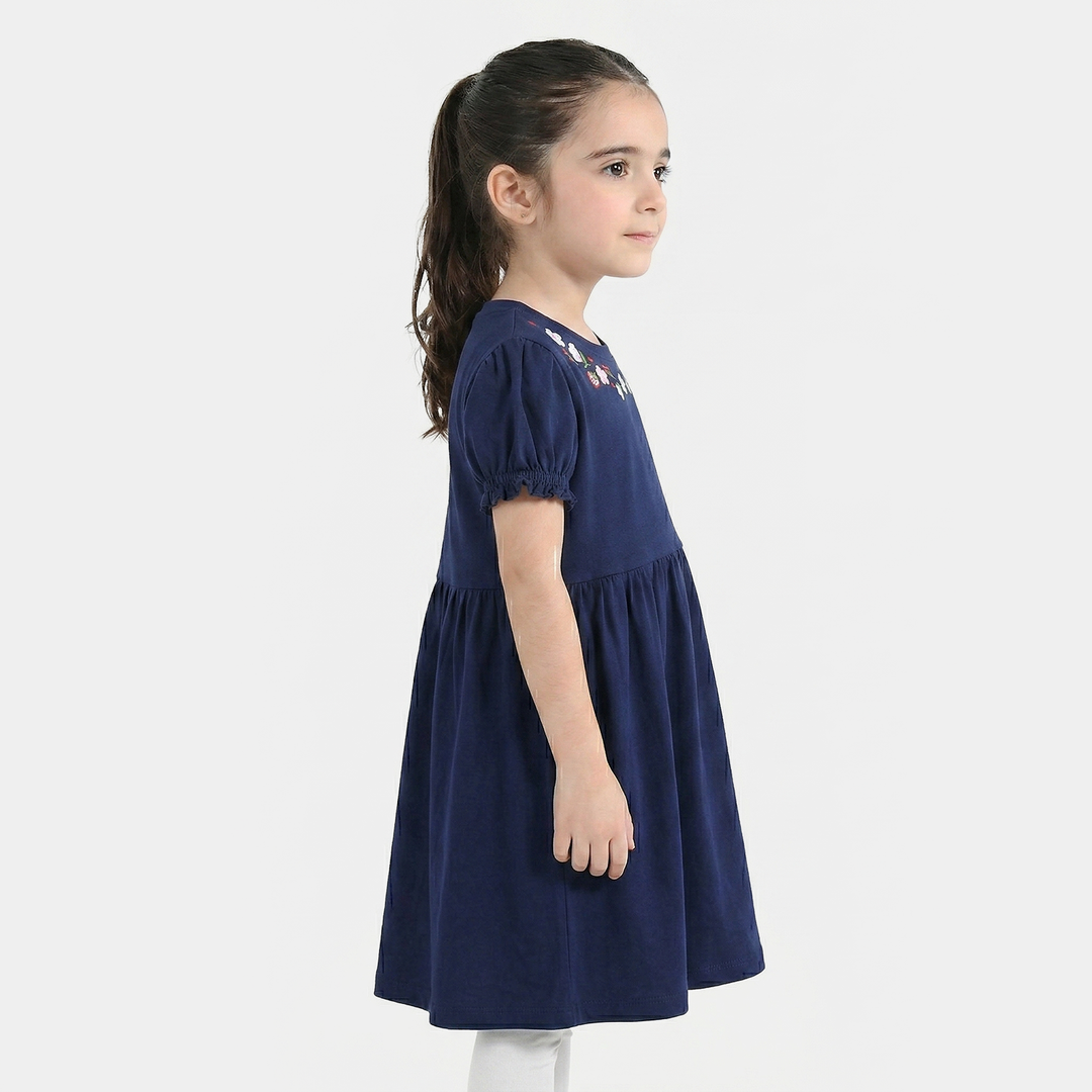 Girls Jersey/Terry Knitted Frock (Flowers & Strawberry) - Navy Blue