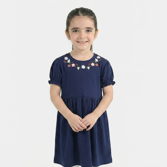 Girls Jersey/Terry Knitted Frock (Flowers & Strawberry) - Navy Blue