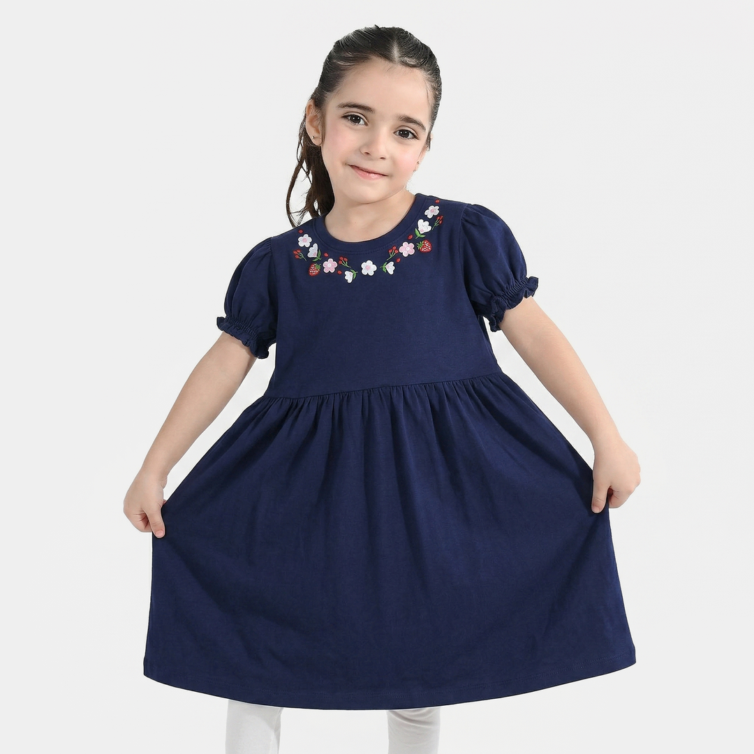 Girls Jersey/Terry Knitted Frock (Flowers & Strawberry) - Navy Blue