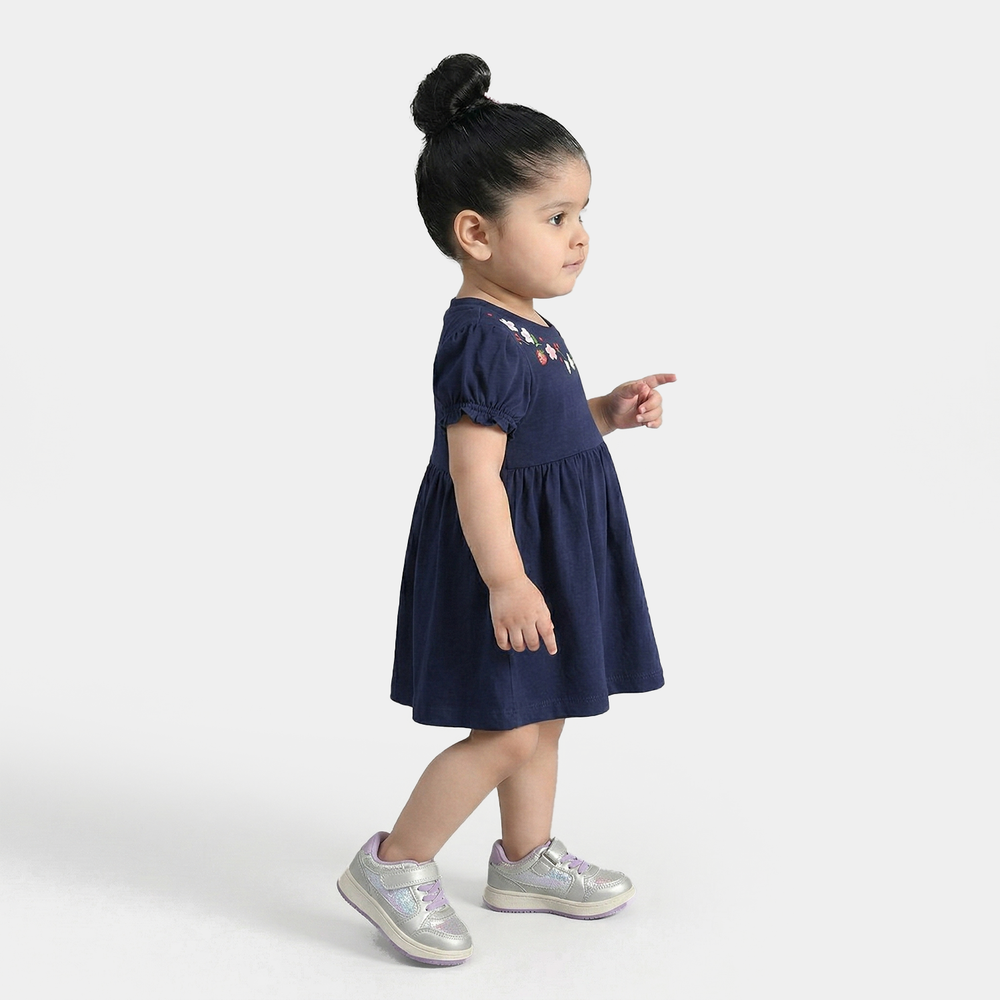 Infant Girls Jersey/Terry Knitted Frock (Flowers & Strawberry) - Navy Blue