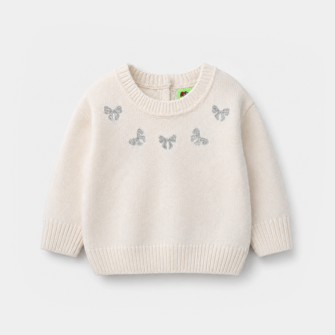 Infant Girls Acrylic Sweater - Lurex Bow - Off White