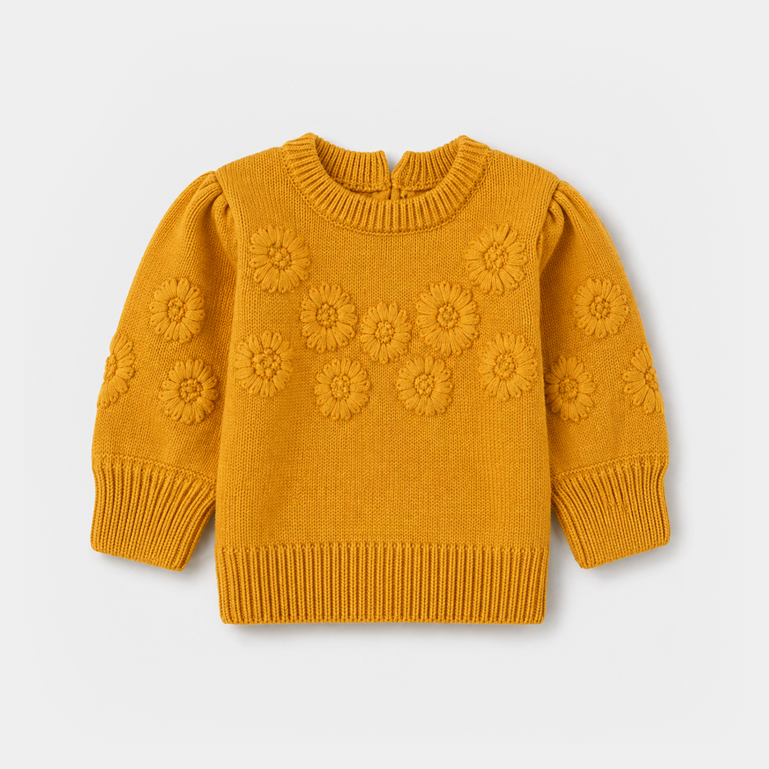 Infant Girls Acrylic Sweater - Flower Bunches - Mustard