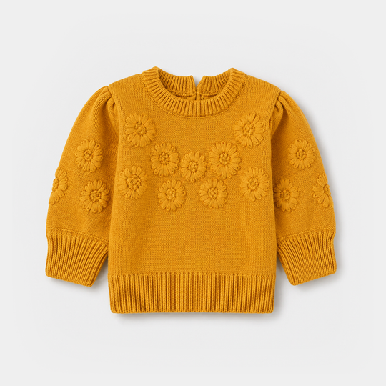 Infant Girls Acrylic Sweater - Flower Bunches - Mustard
