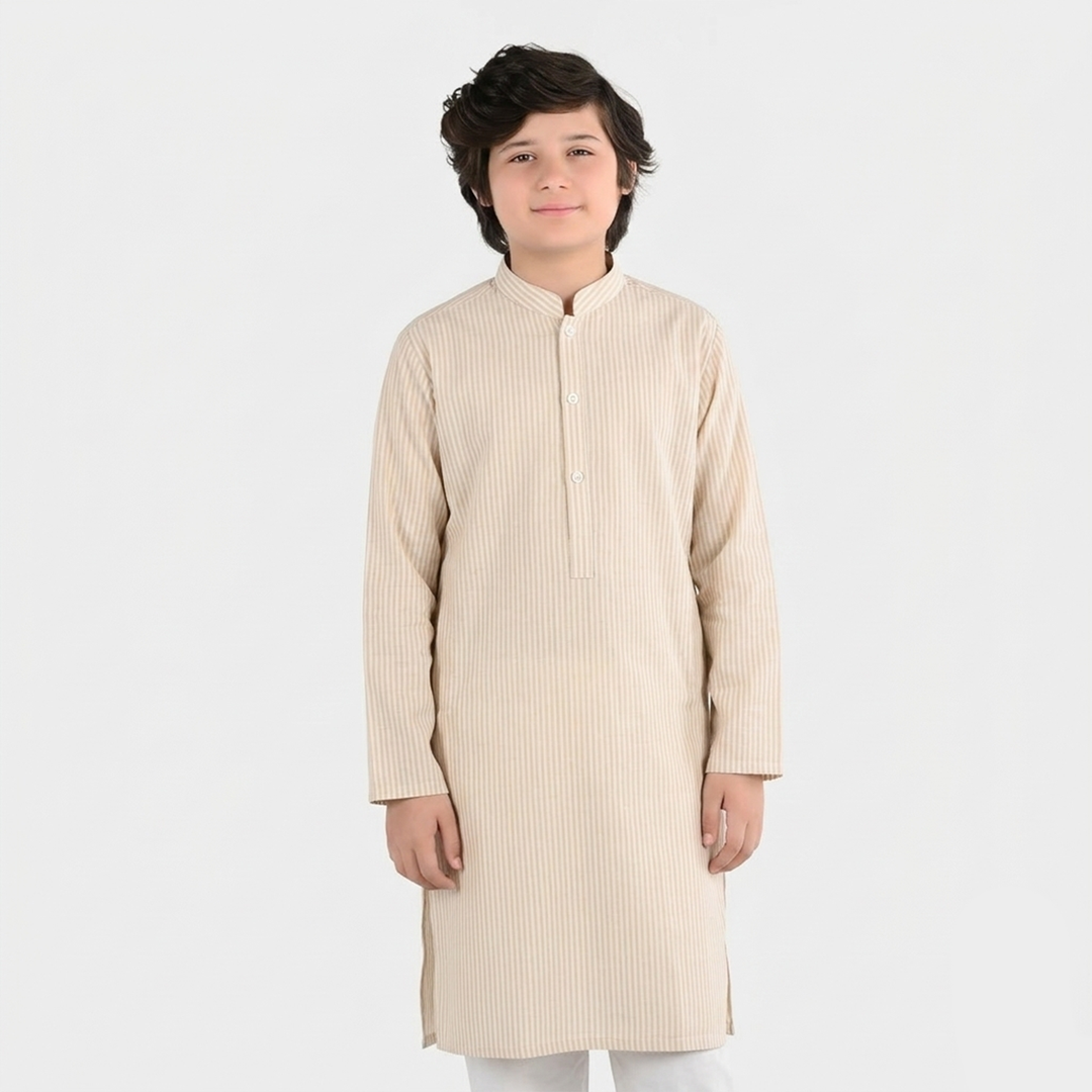 Boys Yarn Dyed Basic Kurta (Stripe) - Beige
