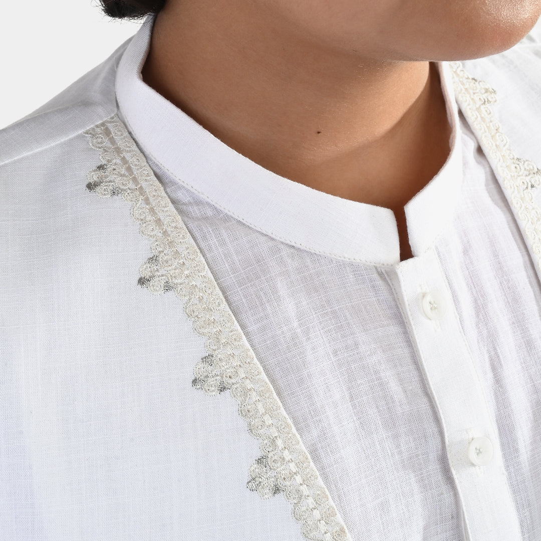 Boys Cotton Slub 3Piece Suit (Front Open) -WHITE