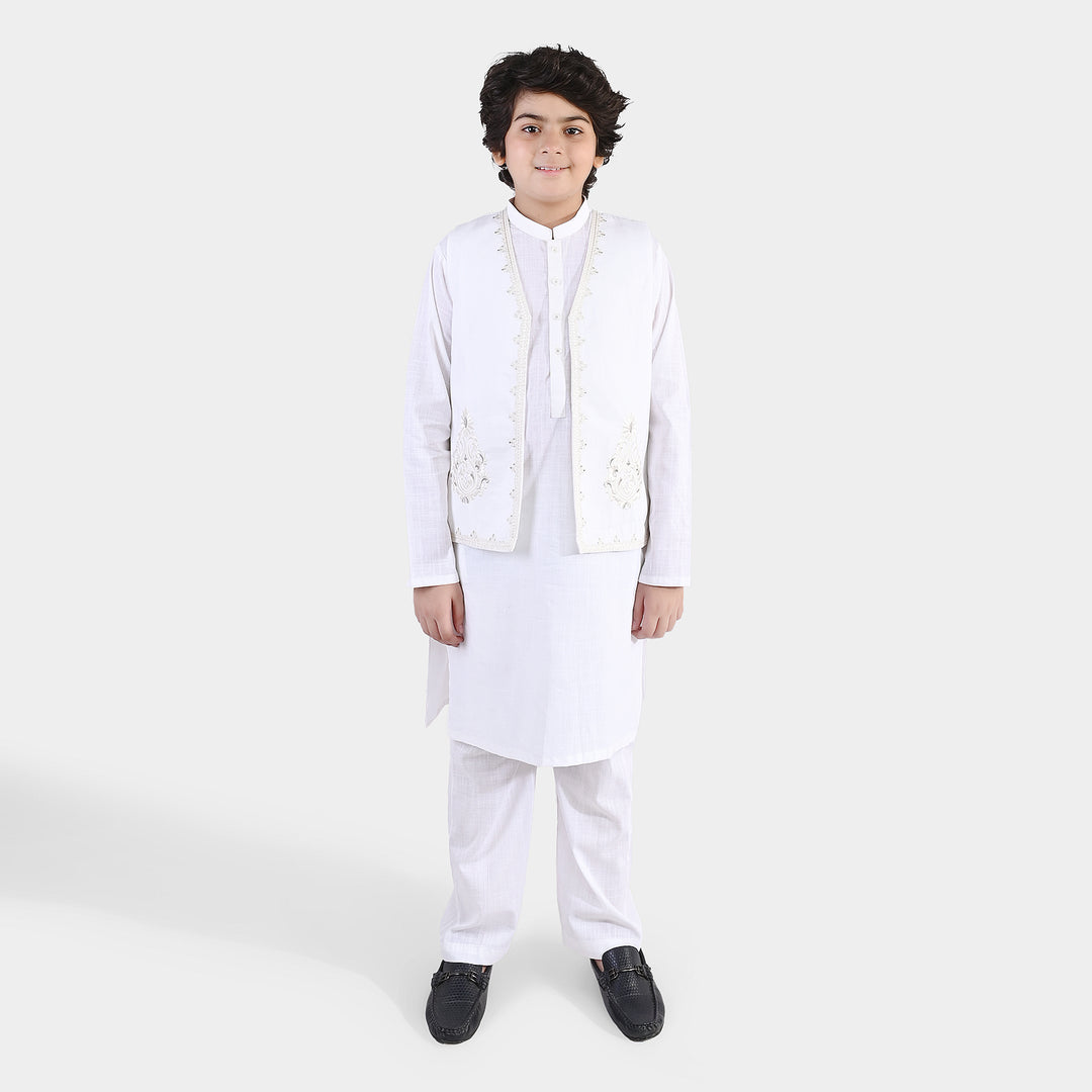Boys Cotton Slub 3Piece Suit (Front Open) -WHITE