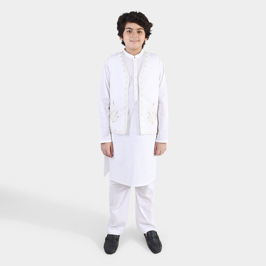 Boys Cotton Slub 3Piece Suit (Front Open) -WHITE