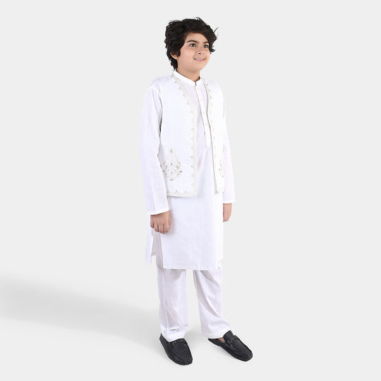 Boys Cotton Slub 3Piece Suit (Front Open) -WHITE