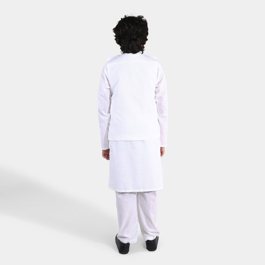 Boys Cotton Slub 3Piece Suit (Front Open) -WHITE