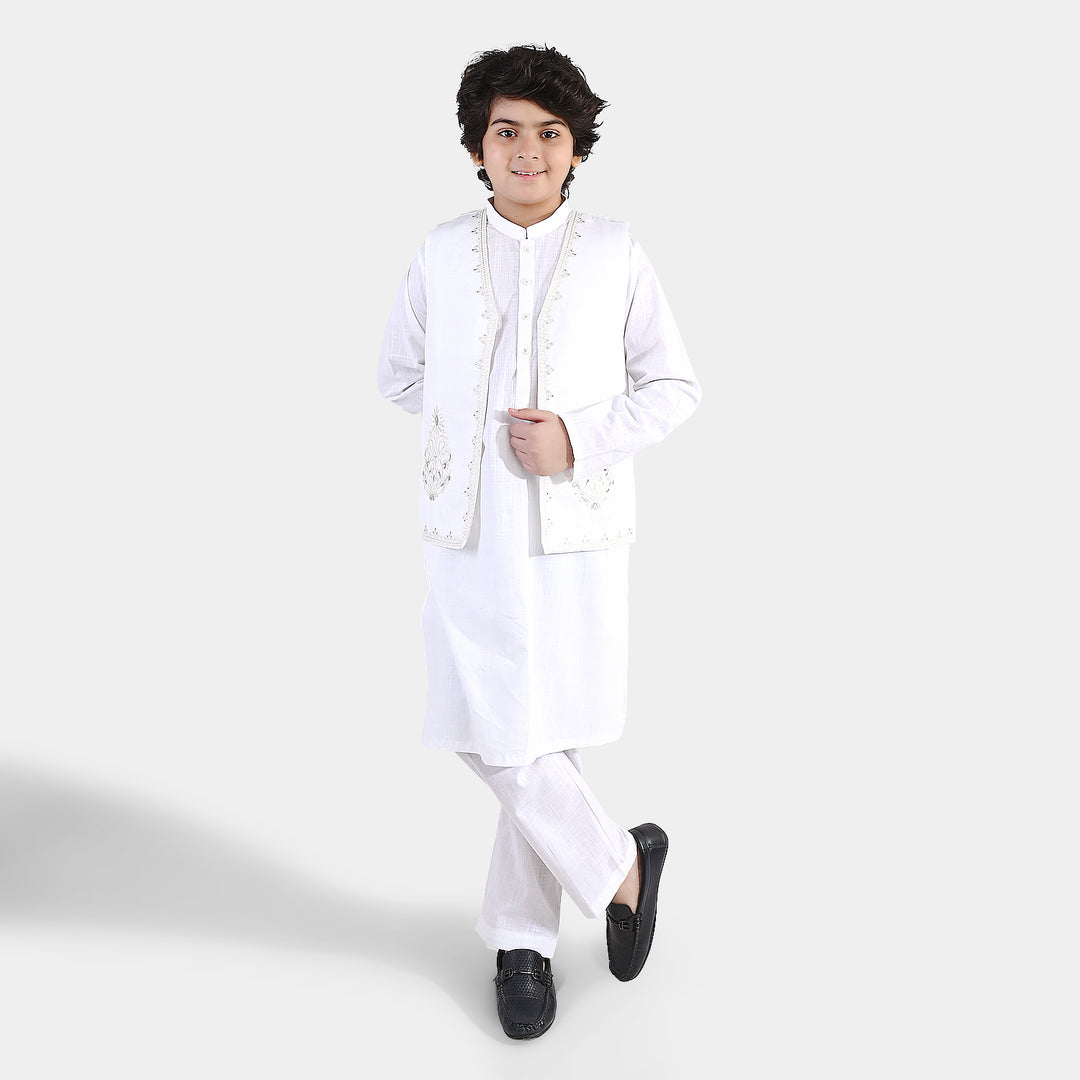 Boys Cotton Slub 3Piece Suit (Front Open) -WHITE