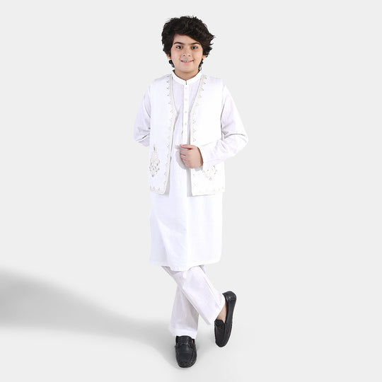 Boys Cotton Slub 3Piece Suit (Front Open) -WHITE