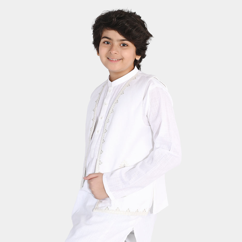 Boys Cotton Slub 3Piece Suit (Front Open) -WHITE