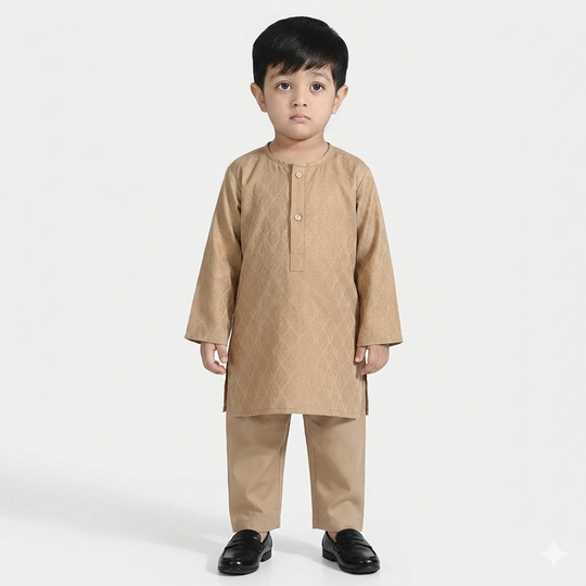 Infant Boys Jacquard Kurta Pajama (Khas) - Beige