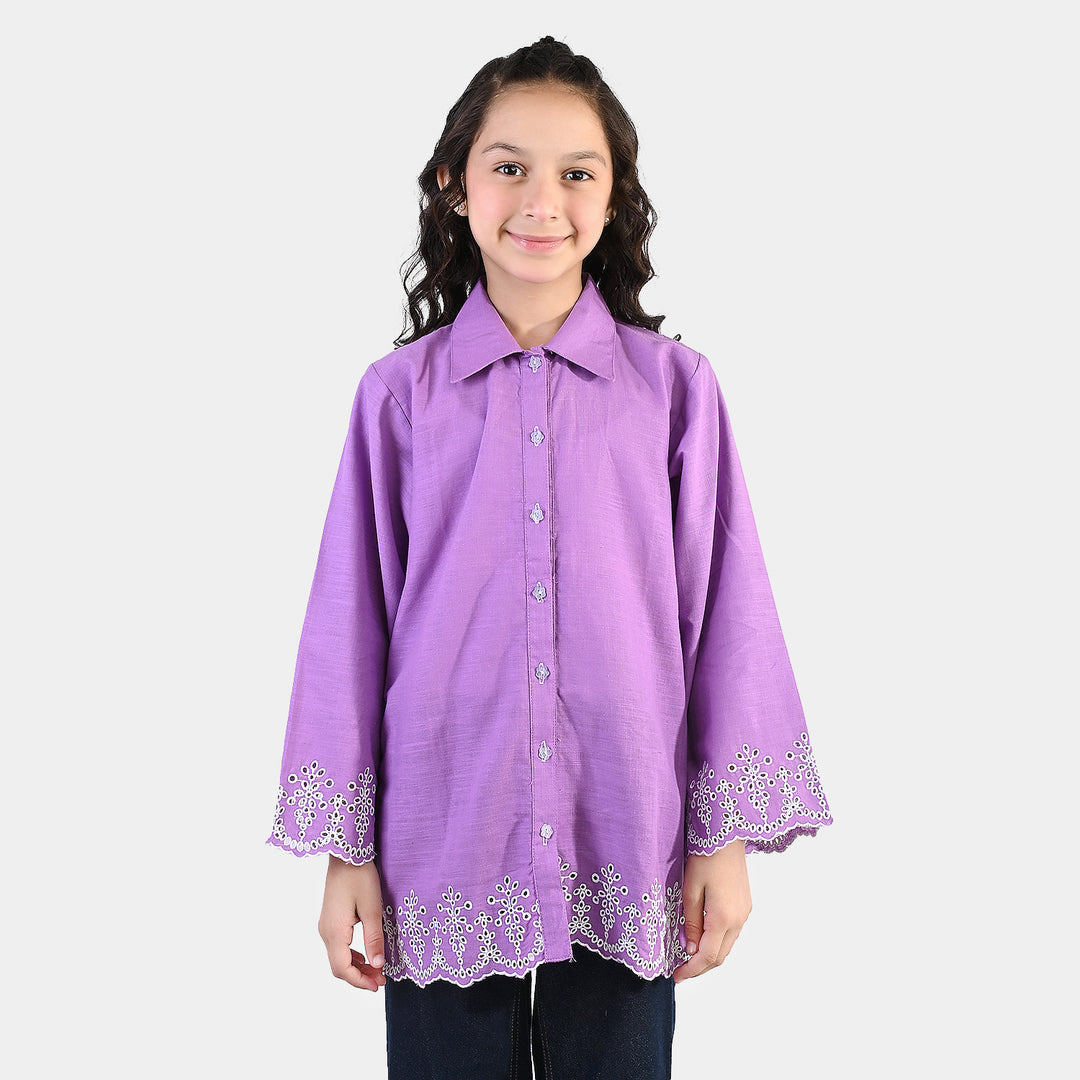 Girls Cotton Slub Top (Berry Embroidery) - Lavender