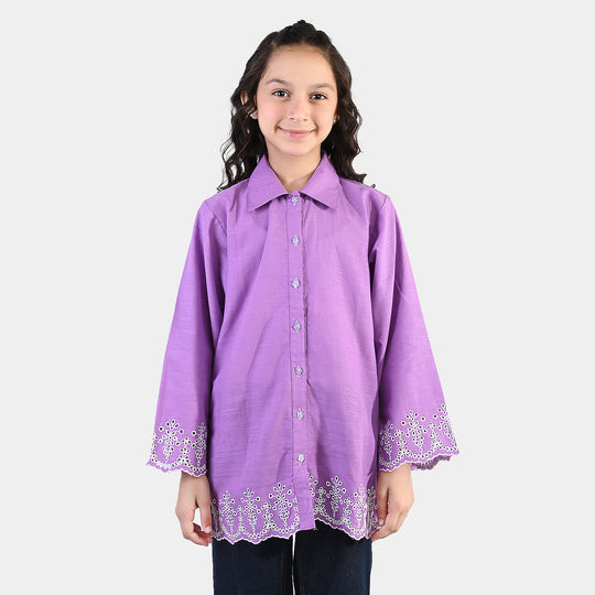 Girls Cotton Slub Top (Berry Embroidery) - Lavender