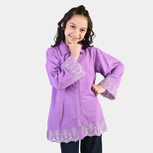 Girls Cotton Slub Top (Berry Embroidery) - Lavender