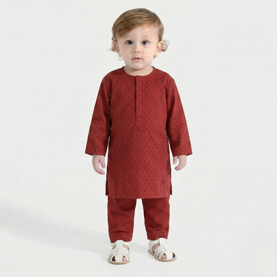 Infant Boys Cotton Jacquard Kurta Pajama (Chin Boti) - Red