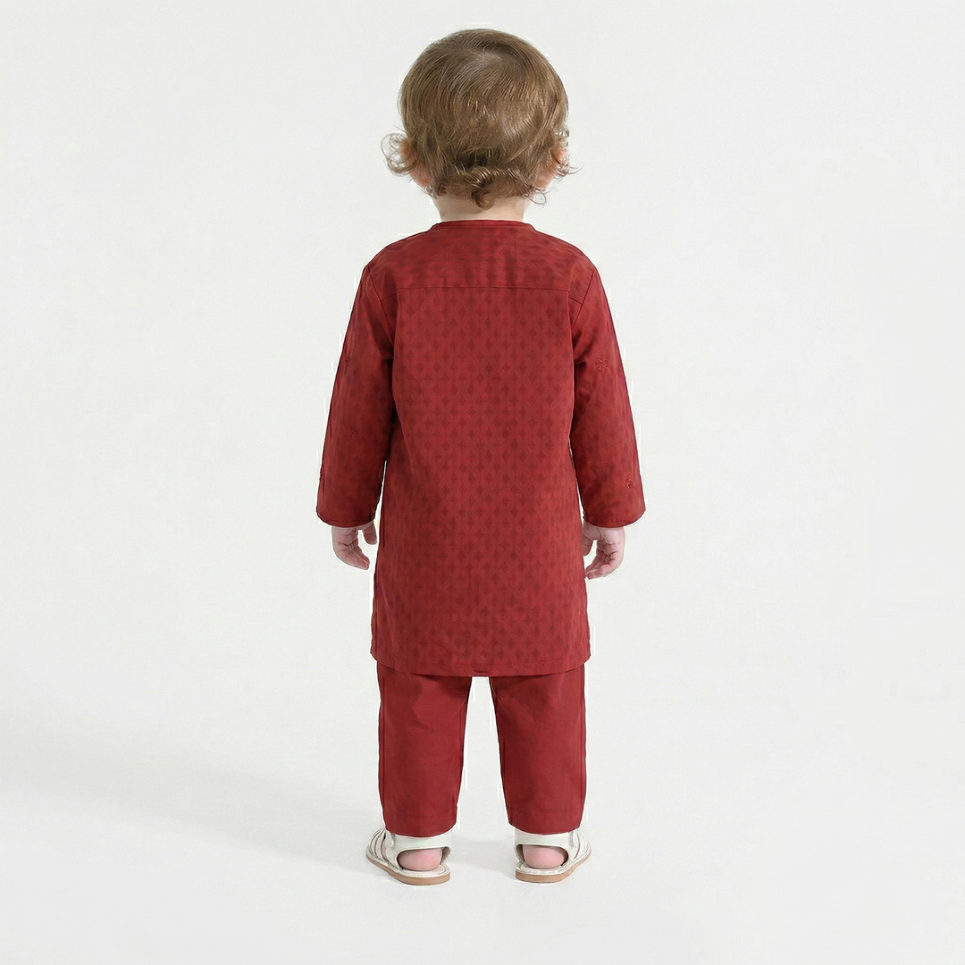 Infant Boys Cotton Jacquard Kurta Pajama (Chin Boti) - Red