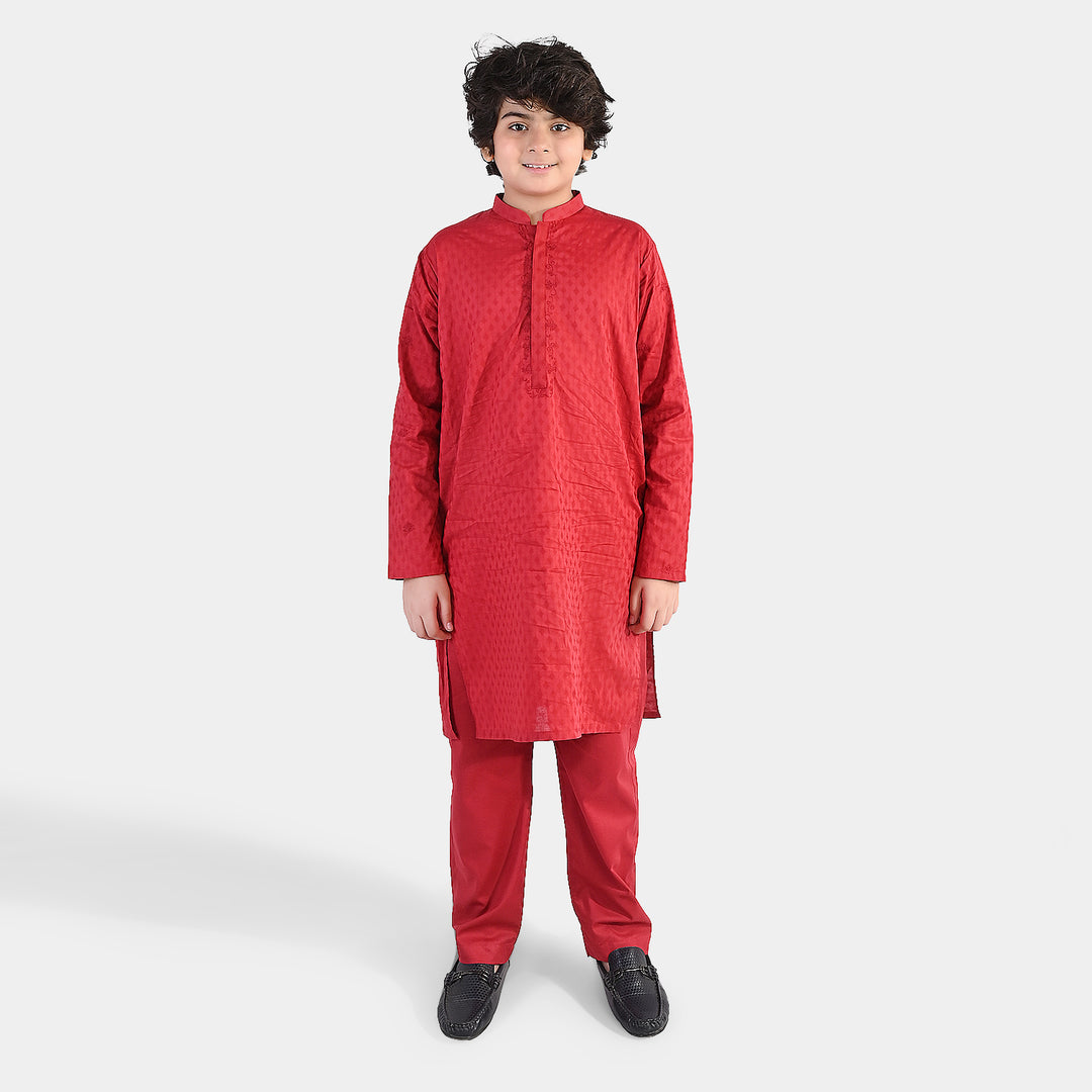Boys Cotton Jacquard Kurta Pajama (Chin Boti) - Red