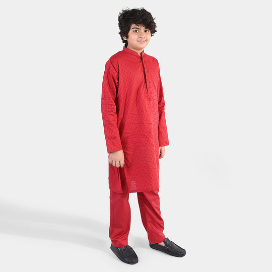Boys Cotton Jacquard Kurta Pajama (Chin Boti) - Red