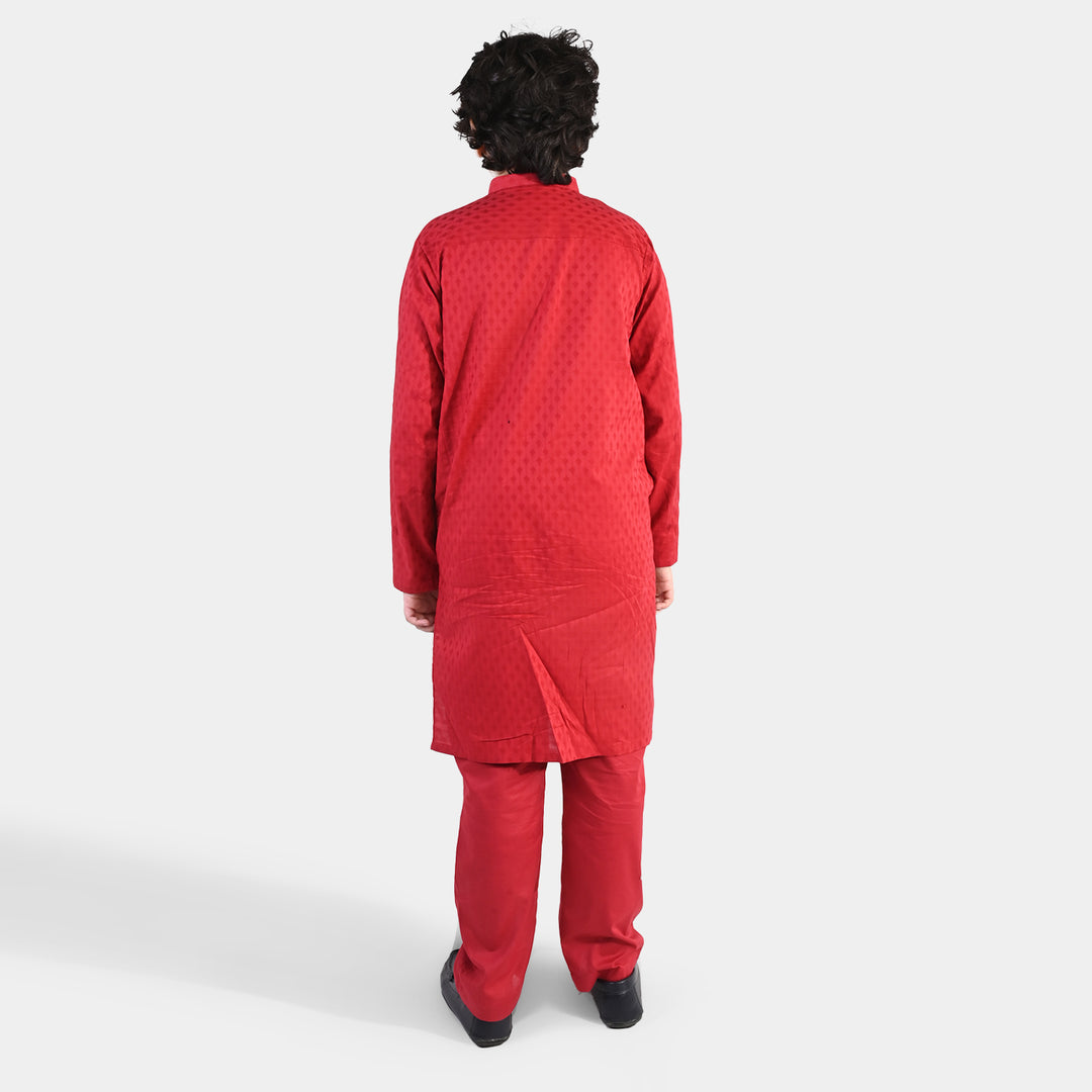 Boys Cotton Jacquard Kurta Pajama (Chin Boti) - Red