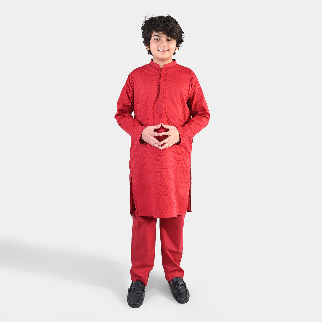 Boys Cotton Jacquard Kurta Pajama (Chin Boti) - Red