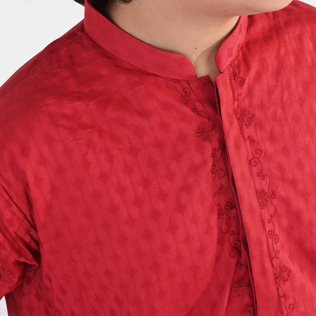Boys Cotton Jacquard Kurta Pajama (Chin Boti) - Red