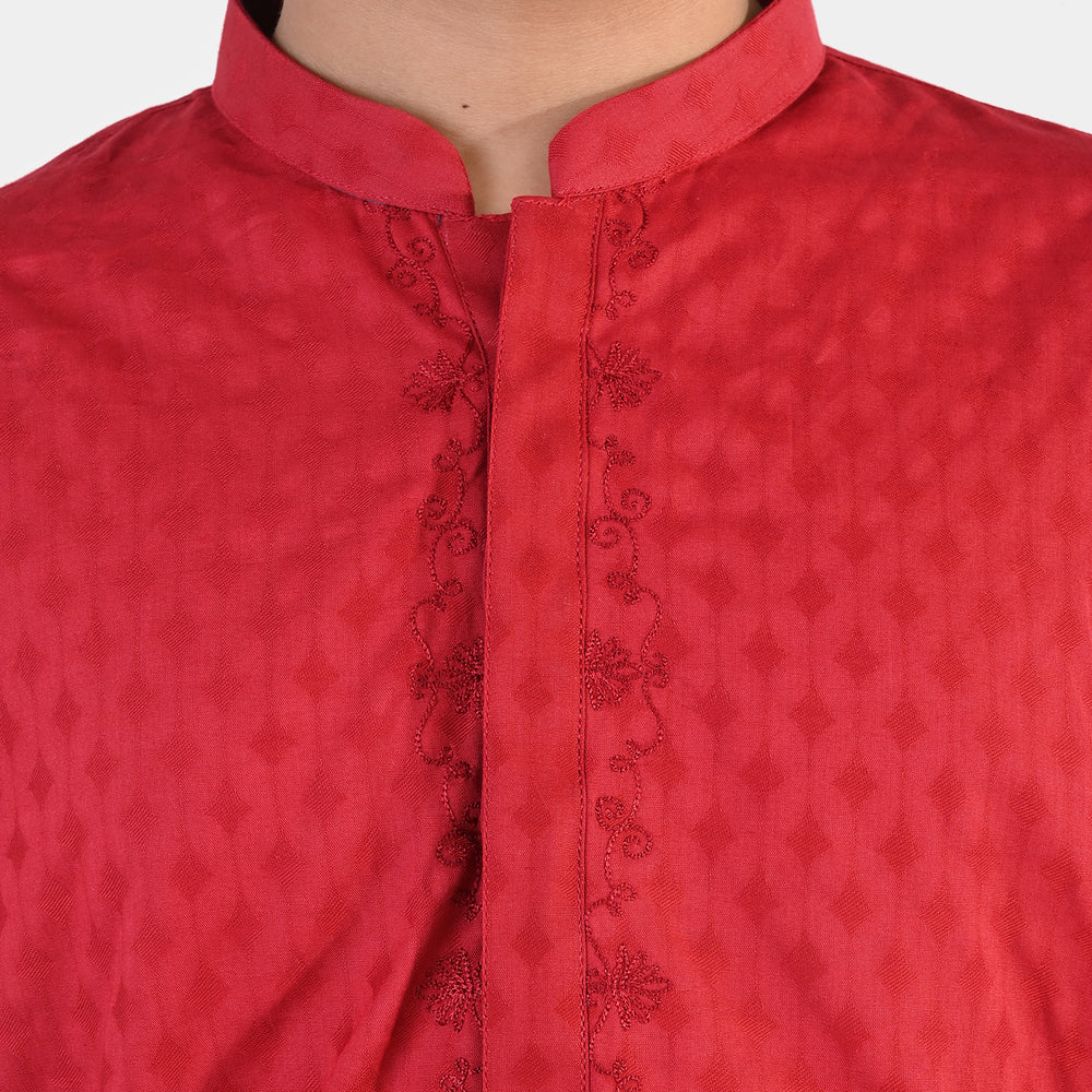 Boys Cotton Jacquard Kurta Pajama (Chin Boti) - Red