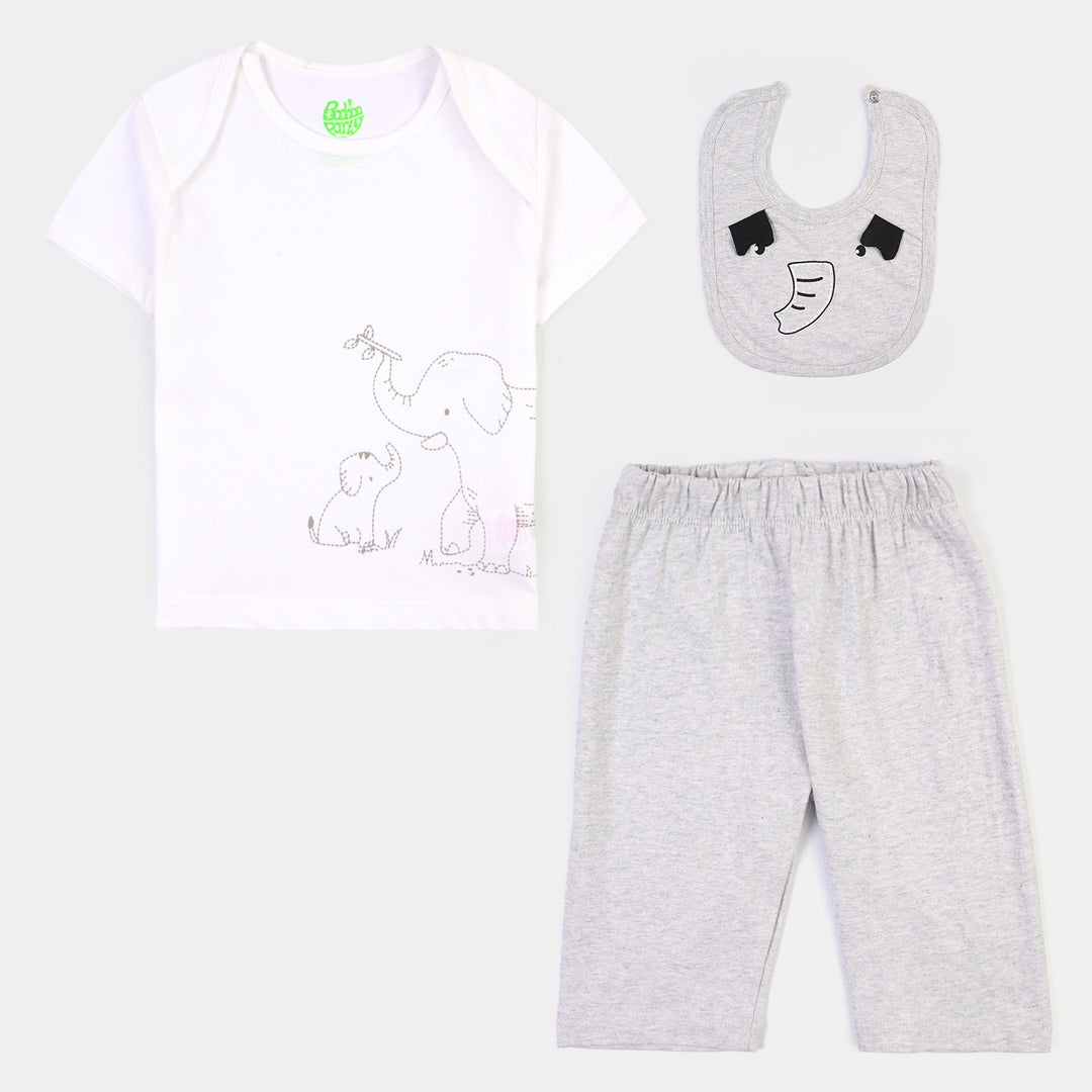 Infant Boys Cotton Jersey Jungle Friends (T-Shirt+Pajama+Bib)- Off White/Grey