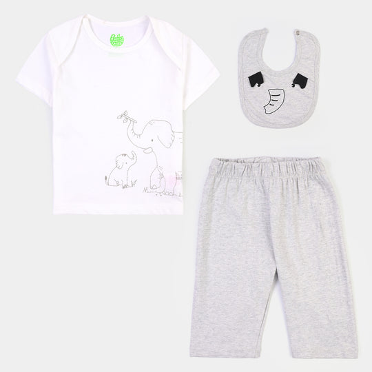 Infant Boys Cotton Jersey Jungle Friends (T-Shirt+Pajama+Bib)- Off White/Grey
