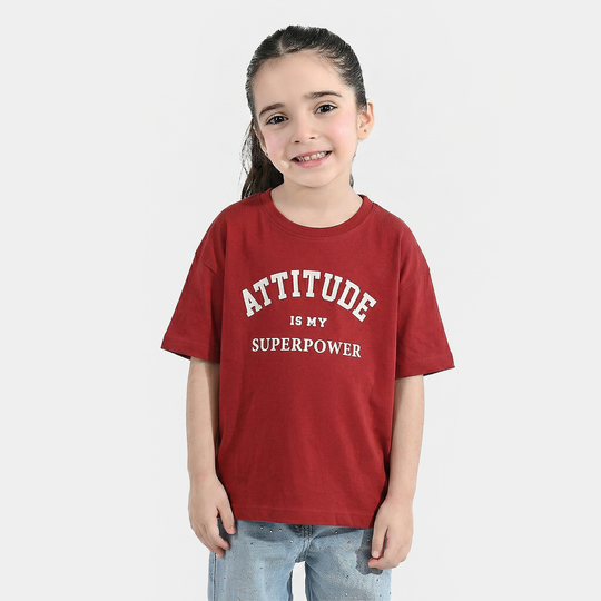 Girls Cotton Jersey T-Shirt (Attitude) - Red