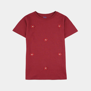Girls Cotton Jersey T-Shirt (Flowers) - Red