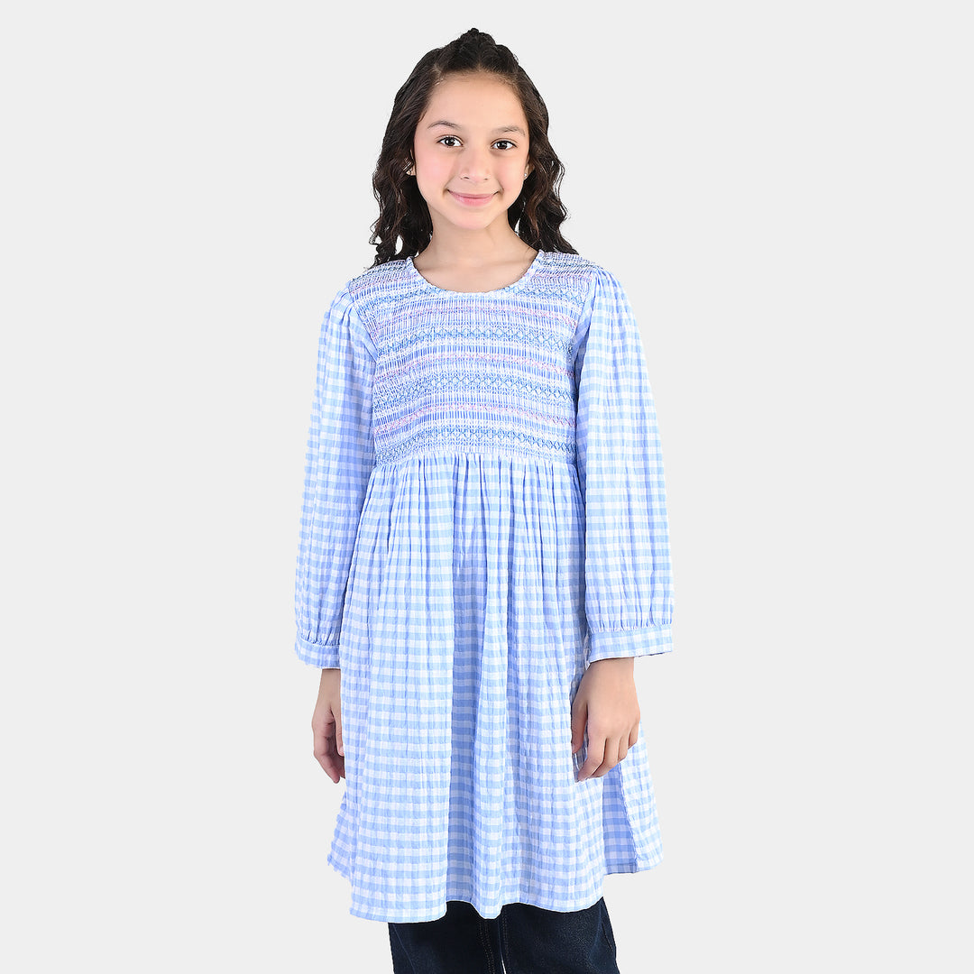 Girls Cotton Casual Frock - Powder Blue