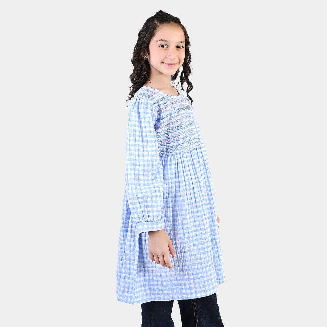 Girls Cotton Casual Frock - Powder Blue