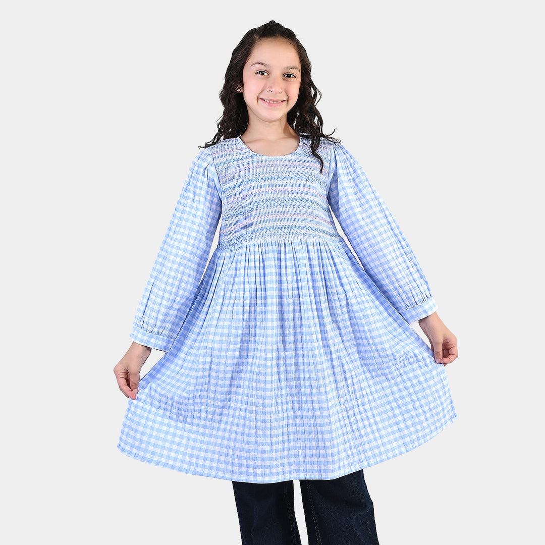 Girls Cotton Casual Frock - Powder Blue