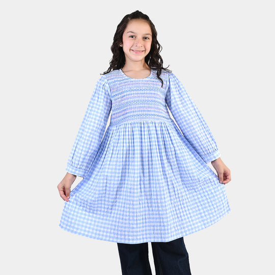 Girls Cotton Casual Frock - Powder Blue