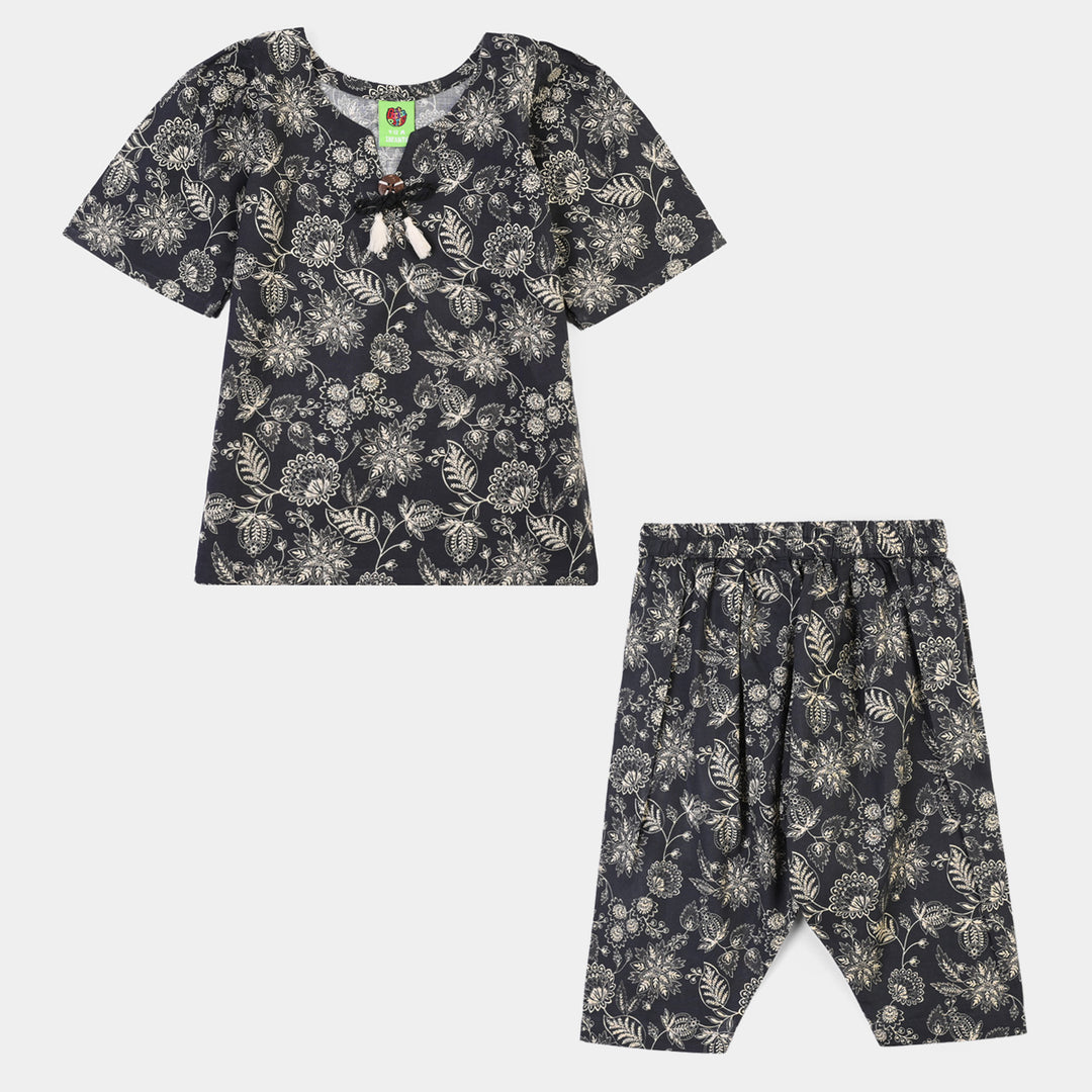 Infant Girls Cotton Slub Printed 2Pcs Monochrome-BLACK
