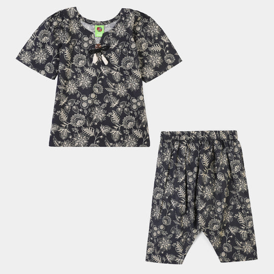 Infant Girls Cotton Slub Printed 2Pcs Monochrome-BLACK