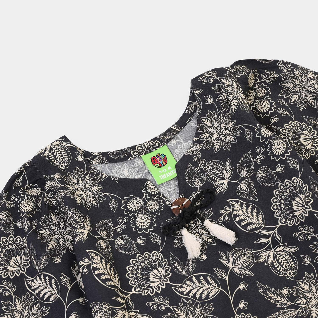 Infant Girls Cotton Slub Printed 2Pcs Monochrome-BLACK