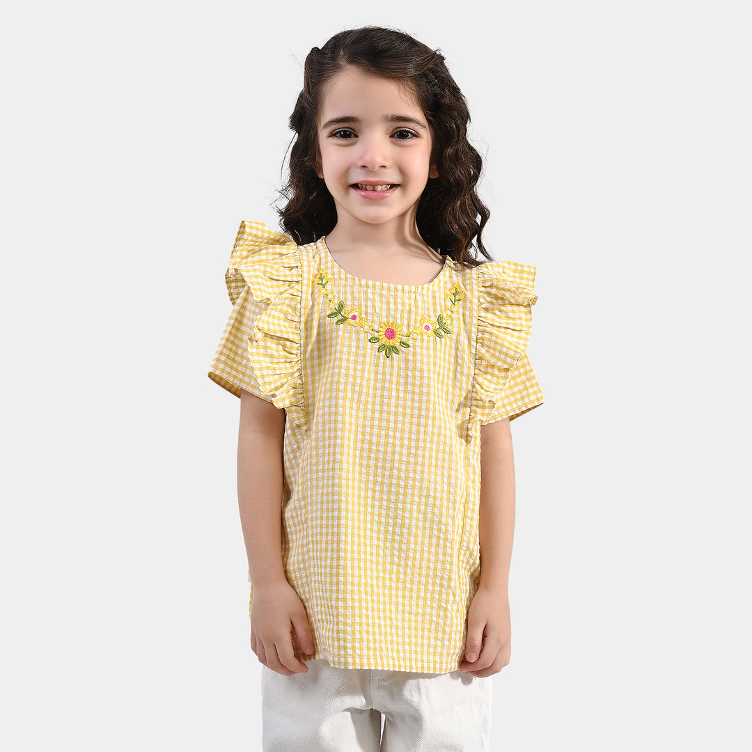 Girls Poly Cotton Emb Top Checks-YELLOW