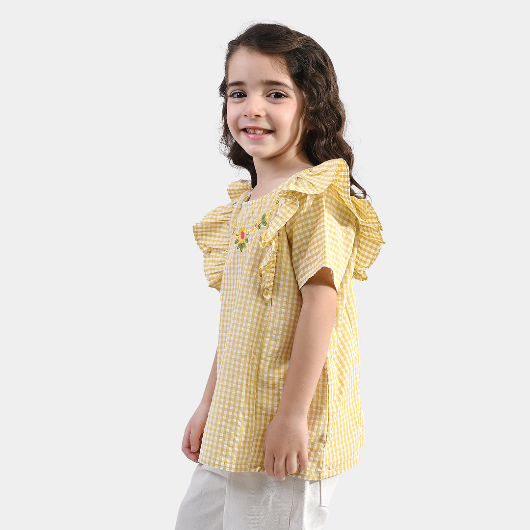 Girls Poly Cotton Emb Top Checks-YELLOW