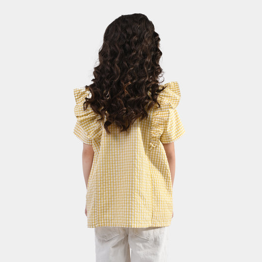 Girls Poly Cotton Emb Top Checks-YELLOW