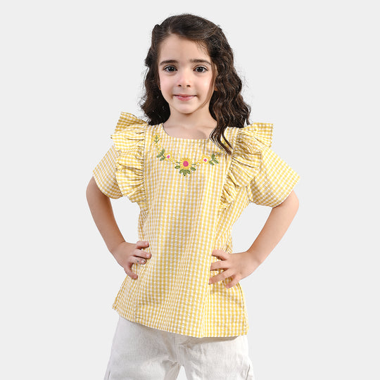 Girls Poly Cotton Emb Top Checks-YELLOW