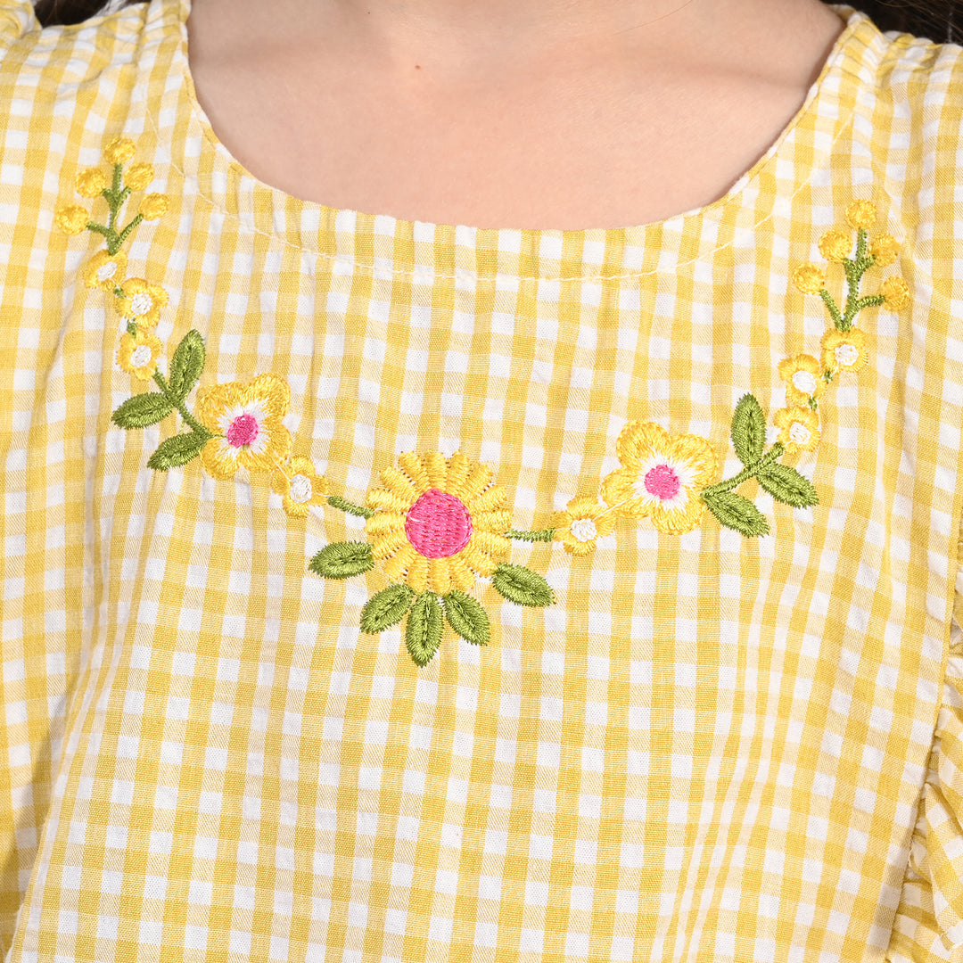 Girls Poly Cotton Emb Top Checks-YELLOW