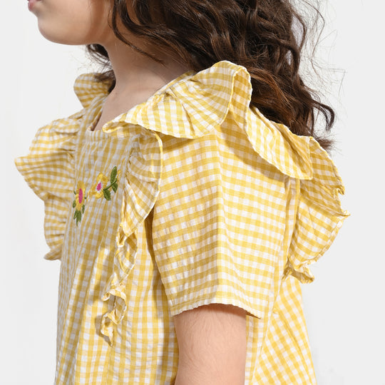 Girls Poly Cotton Emb Top Checks-YELLOW