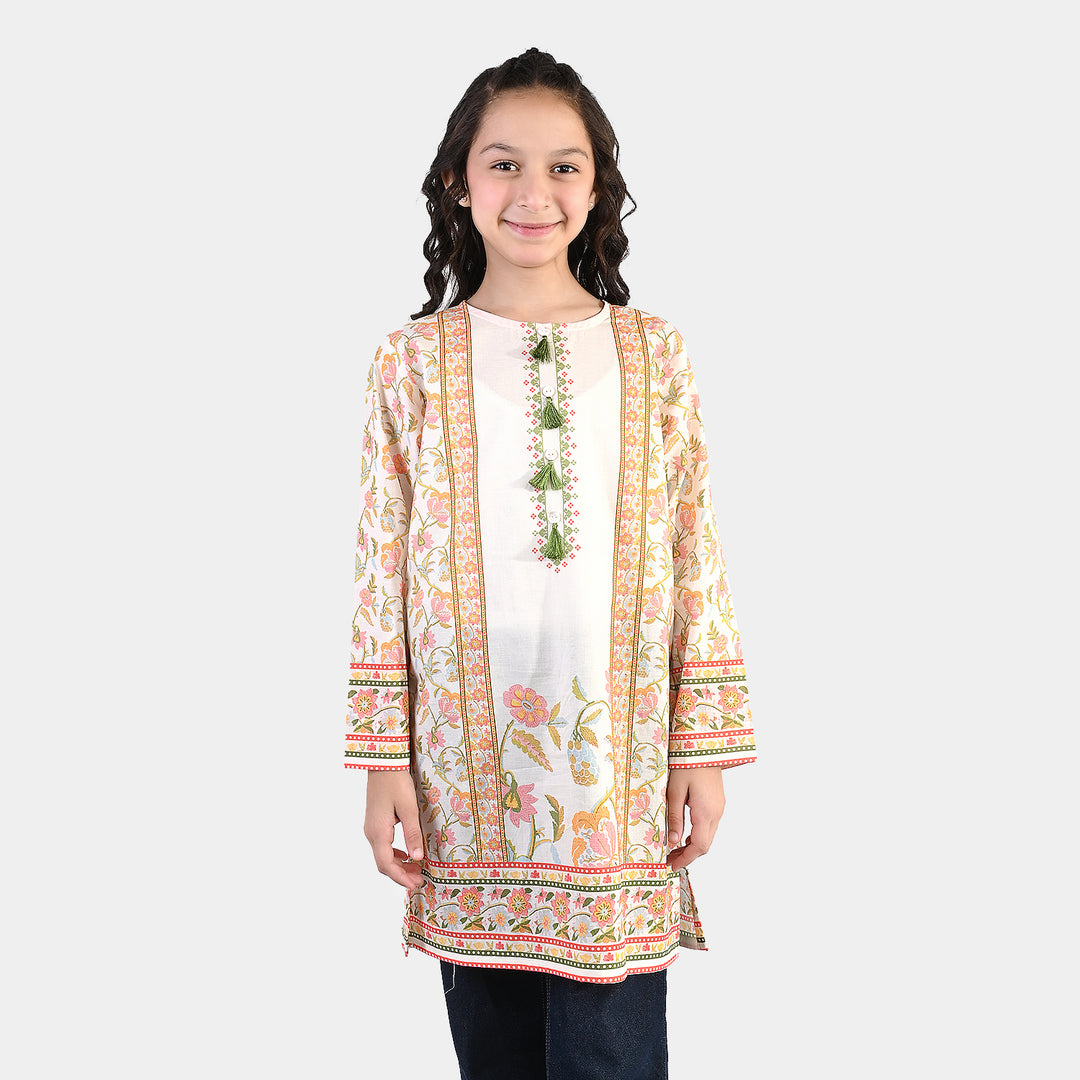 Girls Cotton Printed Kurti Orchid Floral Tassel Detail – Cream